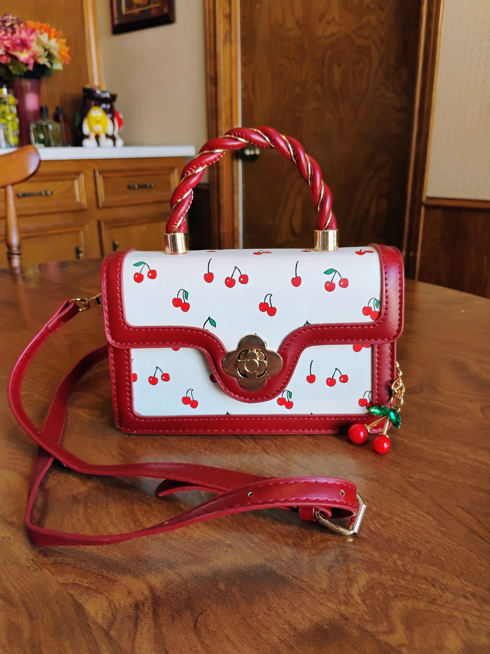 Retro Red & White Cherry Print Top-Handle Crossbody Bag Twist Handle With Charm